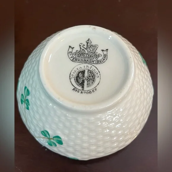 Vintage Belleek Shamrock creamer & sugar bowl set signed hand painted 4" & 3.5"